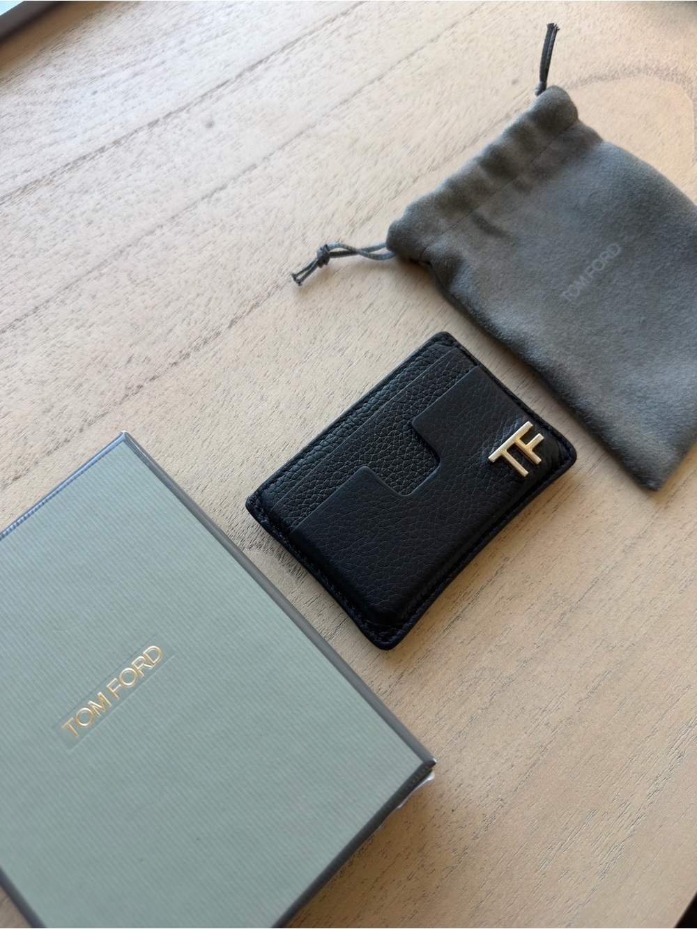 Tom Ford Black Leather Card Holder with Gold TF Logo